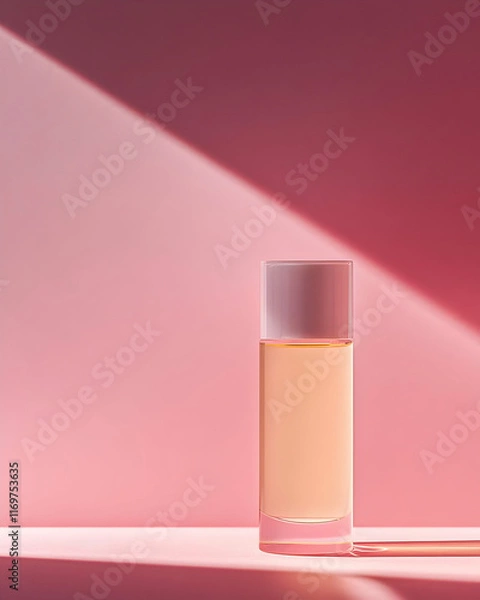 Fototapeta A sleek perfume bottle with a soft pink hue, set against a gradient background. Work from home product