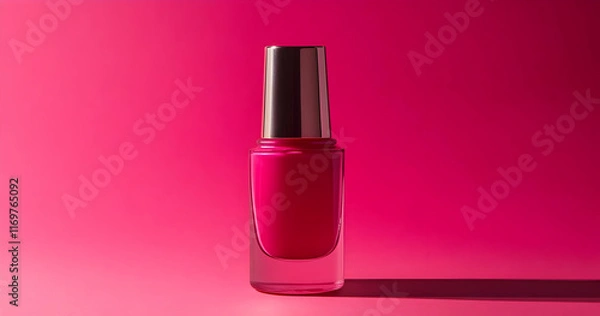 Fototapeta A vibrant pink nail polish bottle against a matching background, showcasing beauty products. Work from home product