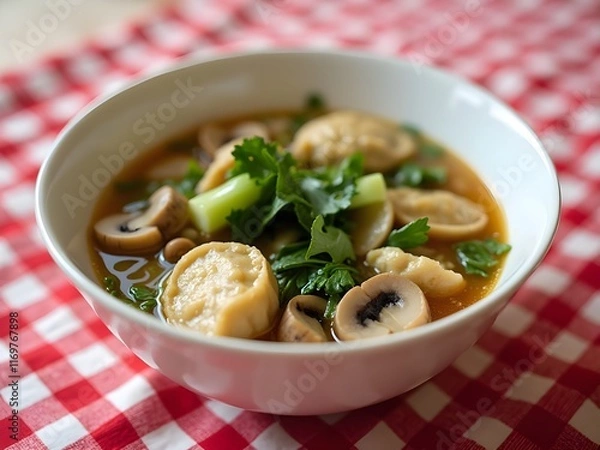 Obraz Potstickers Soup with Mushrooms and Bok Choy
