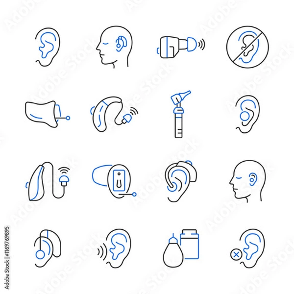 Obraz Hearing aid line color icon set. Hearing problem vector collection.