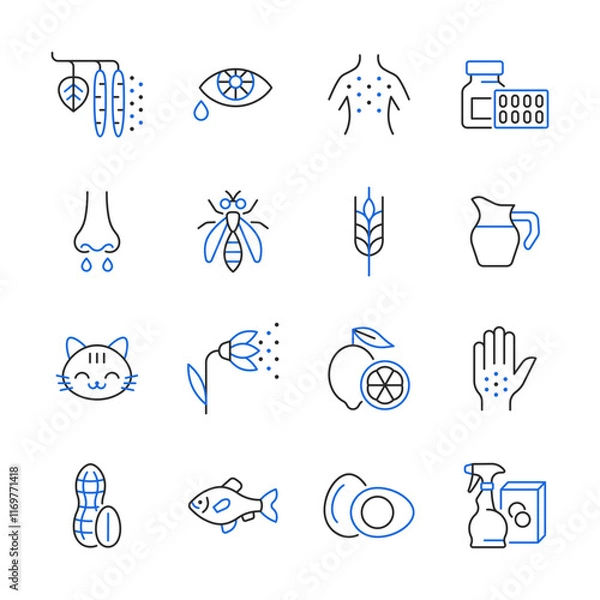 Obraz Allergy line color icon set. Allergy symptoms and allergens vector collection with rash, plant pollen, pet, dairy, seafood, insect, egg, gluten, medicine.
