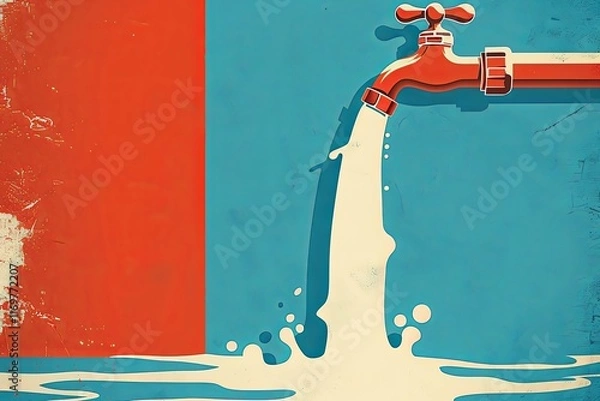 Fototapeta Metal water tap with milk pouring from the faucet against a red and blue textured background. Digital illustration. Food and beverage concept. Design for poster, print, banner, postcard.