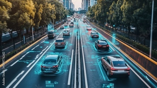 Obraz Autonomous vehicles driving on a city highway with digital data overlays showing speed, location, and other information.