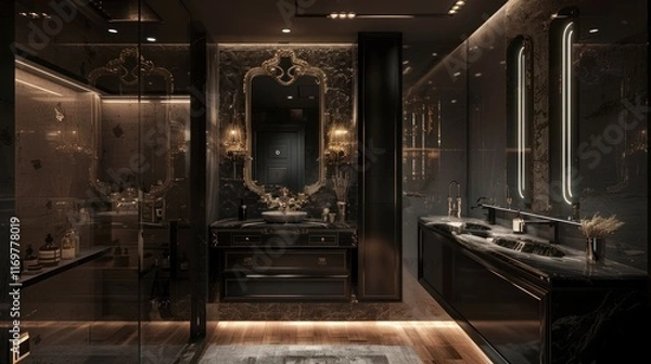 Fototapeta Elegant baroque style bathroom with modern mirror wash basin cupboard, AI generated image