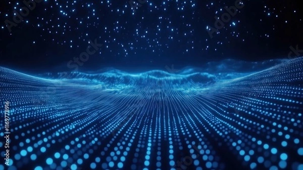 Fototapeta Abstract blue digital landscape with glowing particles.