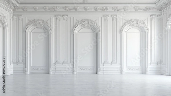 Fototapeta The stock photo features a minimalist and luxurious white room with sleek walls and floors, creating an empty yet stylish background for a variety of creative uses.