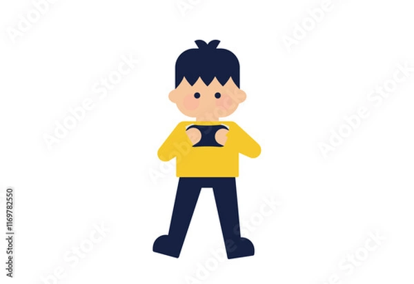 Fototapeta ゲームコントローラーを持つキャラクターのシンプルイラスト ( ベクター人物素材 デフォルメ シンプル )	