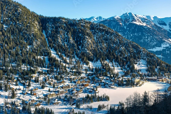 Obraz Aerial panoramic view of Champex-Lac on a snowy winter day in Orsieres in the district of Entremont in the canton of Valais in Switzerland