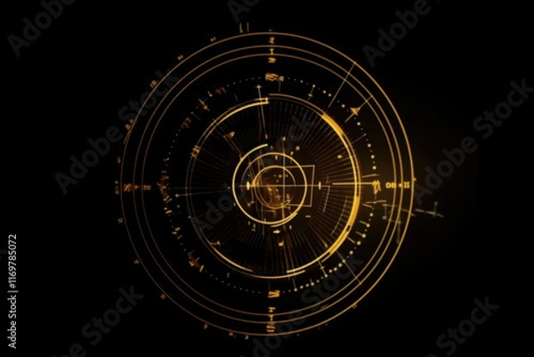 Fototapeta Golden Radar Interface with Circular Design, Abstract Futuristic Art