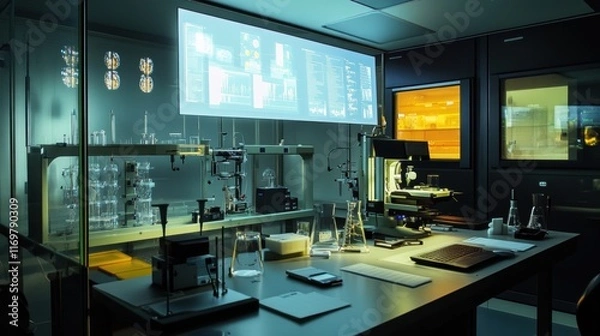 Fototapeta A lab environment with AR tools projecting test results and analysis data directly above apparatuses allowing operators to visualize key measurements and parameters instantly.