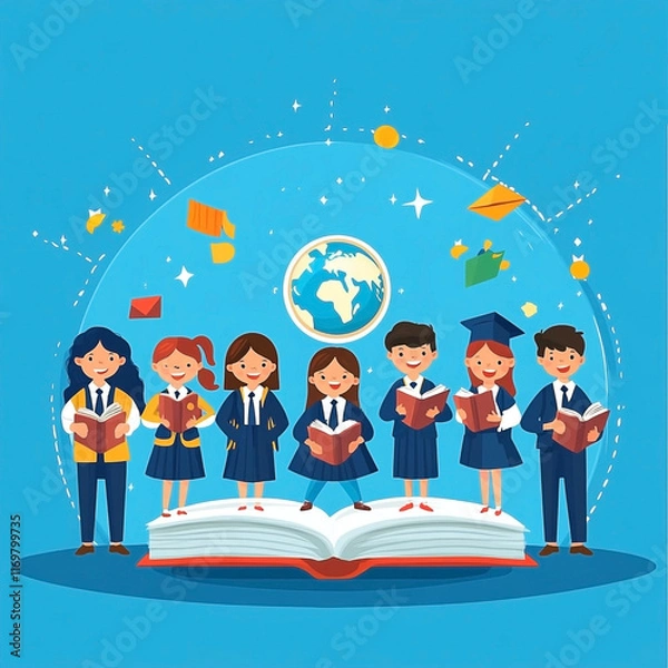 Fototapeta International Education Day Concept – Students Learning with Globe and Open Book