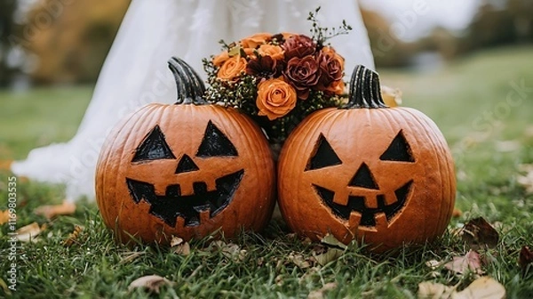 Fototapeta Two Jack-o'-lanterns with a fall wedding bouquet nestled between them, sitting in the grass.