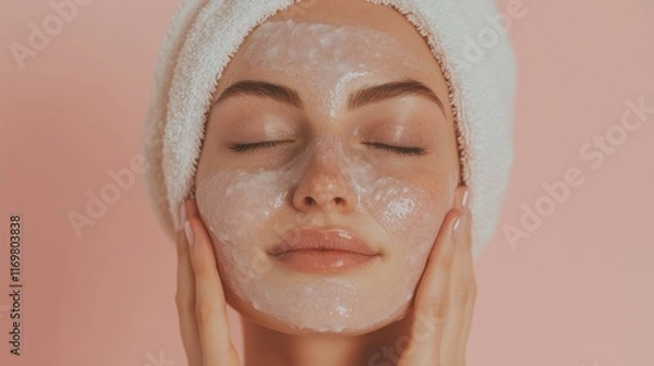 Fototapeta A woman enjoys her skincare routine while applying a face mask, creating a sense of relaxation and self-care in her bathroom