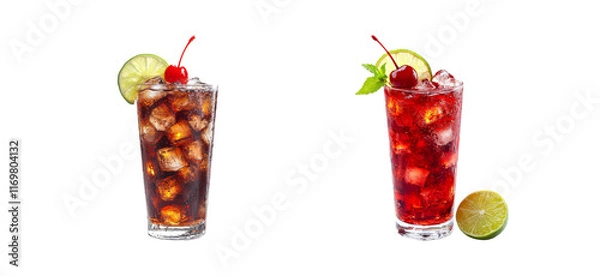 Fototapeta Refreshing Drinks with Lime and Cherry Garnish