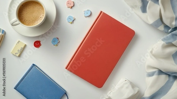 Fototapeta A cozy workspace featuring a cup of coffee, notebooks, and decorative items.