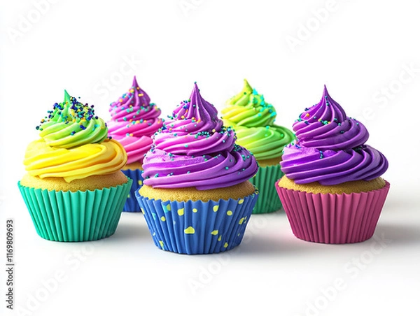 Fototapeta Indulge in a delicious bakery product of colorful cup cakes designed with intricate frosting and sprinkles presented elegantly on a clean white background for any special occasion