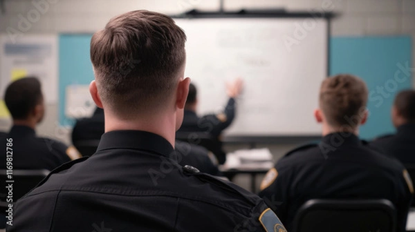 Fototapeta Criminal justice training concept. A group of police officers in uniform attentively watches a presentation, focusing on a whiteboard in a classroom setting.