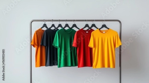 Fototapeta Display of colorful t-shirts concept, A colorful array of t-shirts displayed on a rack against a neutral wall, showcasing vibrant hues like red, green, yellow, black, and orange.