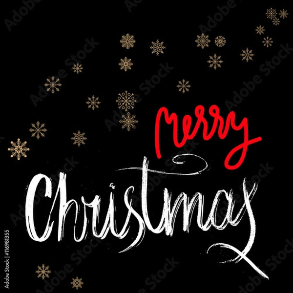 Obraz Merry Christmas red and white grunge lettering design on black background with golden snowflakes.