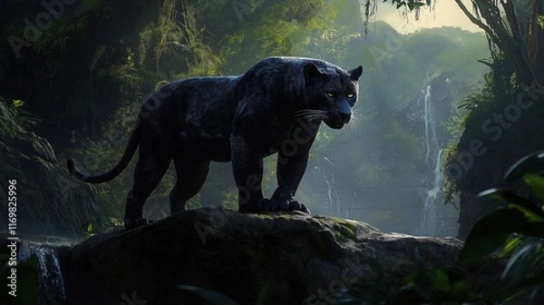 Fototapeta A black panther stands on a rock in a jungle