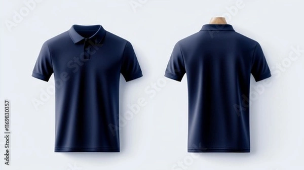 Fototapeta Minimalistic dark blue polo shirt mockup, blank front and back, on a white background, perfect for design showcasing, sleek and modern