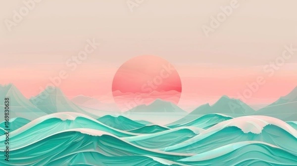 Fototapeta Abstract Digital Sunset Over Ocean Waves