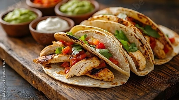 Obraz Authentic Chicken Fajitas Experience Served on Rustic Board with Fresh Dips