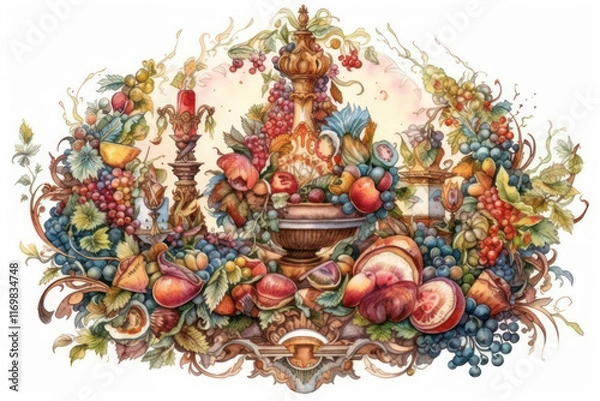 Fototapeta An exquisite baroque still life depicting a rich abundance of fruits, berries and decorative elements.  