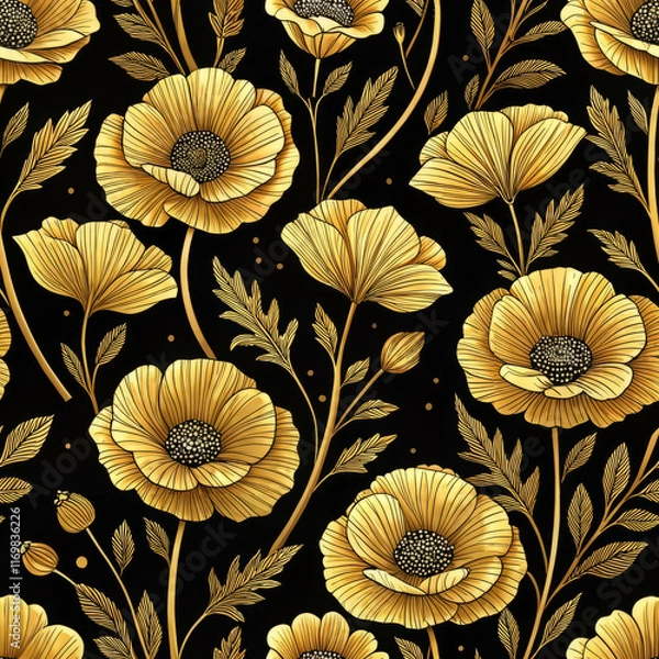 Obraz Golden Poppy Floral Seamless Pattern, Fabric texture and Textile pattern on Black Background
