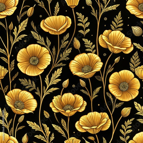 Obraz Golden Poppy Floral Seamless Pattern, Fabric texture and Textile pattern on Black Background