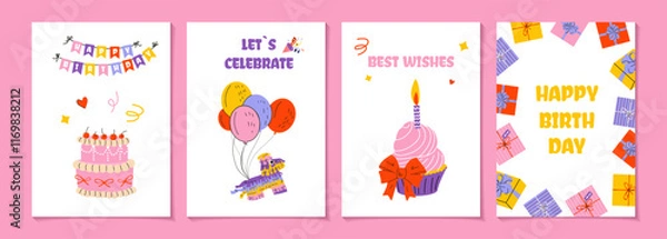 Fototapeta Set of birthday greeting cards design with cake, balloons, gifts and typography design. Abstract universal grunge artistic templates. For poster, business card, invitation, flyer, banner, email header