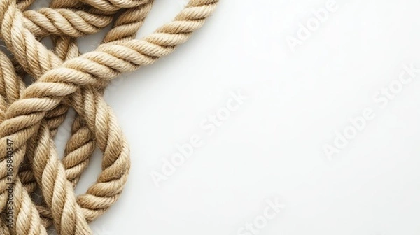 Fototapeta A close-up shot of a thick brown rope with a white background. The rope is laid out in a random pattern.