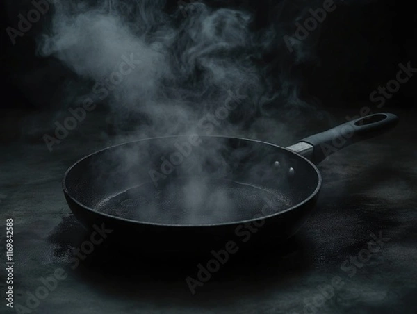 Fototapeta High resolution image of a hot, empty frying pan with steam rising from it, suggesting freshly cooked food or ready to cook.