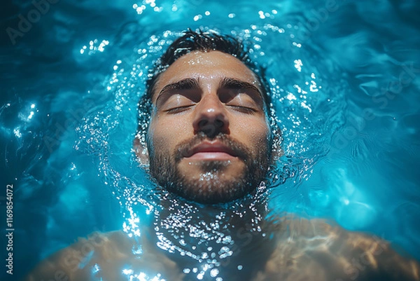 Fototapeta man in the pool lying on the water with closed eyes close-up