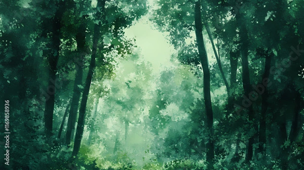 Fototapeta Watercolor green forest, generative ai. Evergreen. Illustration
