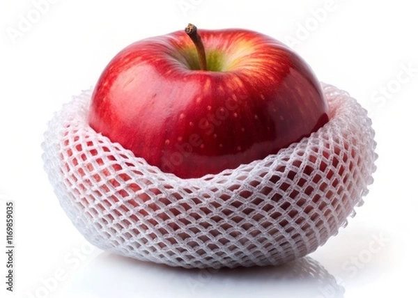 Fototapeta Protected Red Apple in Foam Netting for Safe Transport - Stock Photo
