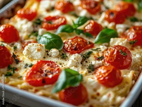 Fototapeta Melted cheese, tomatoes, basil, and crusty bread