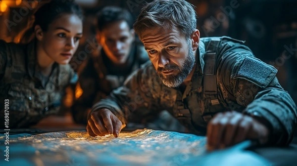 Obraz Military Team Studying Illuminated Map Strategy