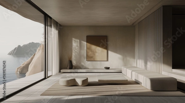 Obraz Natural Concrete Interior Design Composition of A Living Room With Grey Bench, Stone Coffee Tables, Wall Art, Large Framed Glass Window Overlooking the Ocean. Minimal.