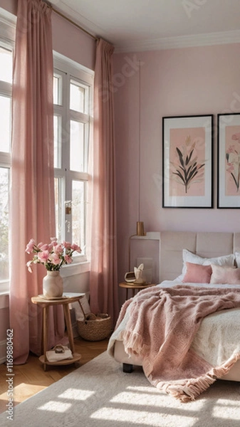 Fototapeta Elegant pastel pink bedroom with bed blanket pillow large windows plush rug and luxurious high end modern interior design
