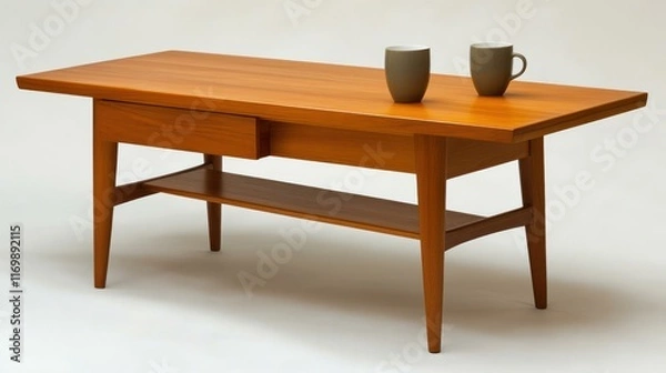 Fototapeta Mid-century coffee table, studio shot, drawer, shelf, mugs