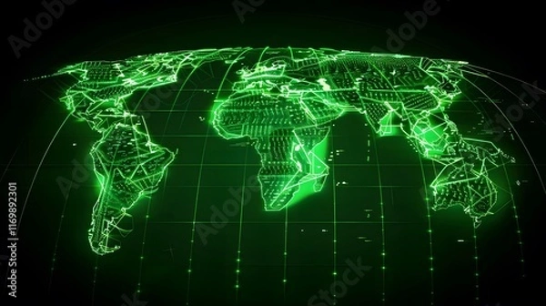 Fototapeta An outline of the globe is created using glowing green lines, creating a futuristic world map