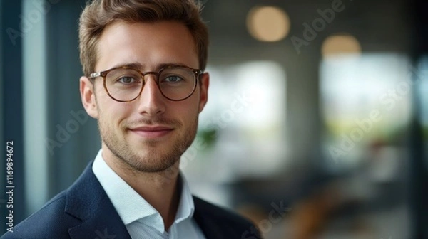 Fototapeta Man wearing glasses and a suit is smiling for the camera. Concept of confidence and professionalism
