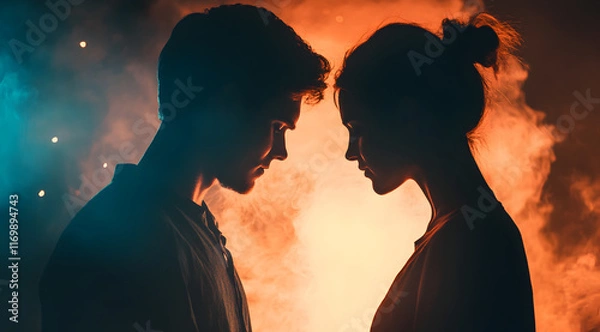 Fototapeta A dramatic silhouette of a couple facing each other against vibrant, colorful smoke, evoking a sense of intimacy and emotion.