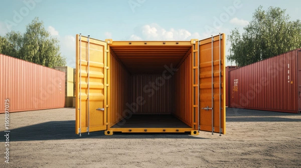 Fototapeta open shipping container showcasing spacious interior, surrounded by other containers in storage yard. bright yellow color stands out against backdrop