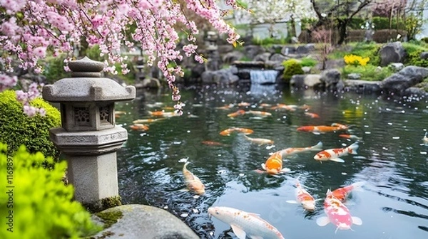 Fototapeta A beautiful Japanese garden with tranquil ponds, koi fish, and stone lanterns surrounded by cherry blossoms in full bloom