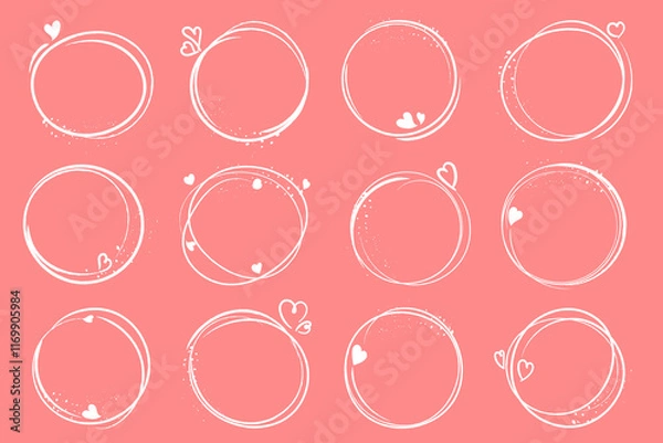 Fototapeta Hand drawn circle sketch vector. Set of hand drawn doodle ellipses design with hearts.