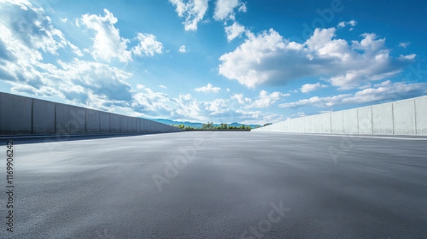 Fototapeta smooth concrete surface in luxury parking lot under bright blue sky with fluffy clouds. open space creates serene and expansive atmosphere