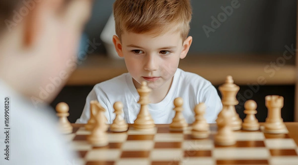Fototapeta A focused child engages in a chess game, contemplating his next move against an unseen opponent.