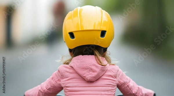 Obraz A young child wearing a bright yellow helmet, seen from behind, ready to ride, highlighting safety and outdoor adventure.
